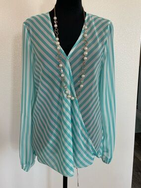BEBE Striped Wrap V-Neck Blouse - Aqua